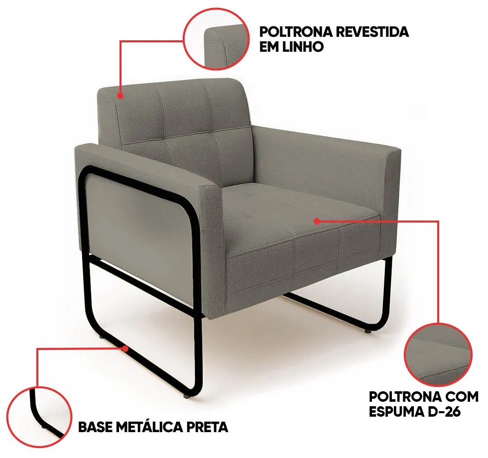 Poltrona Sala Industrial Alta Tubo Preto Elisa Linho D03 - D'Rossi - Grafite