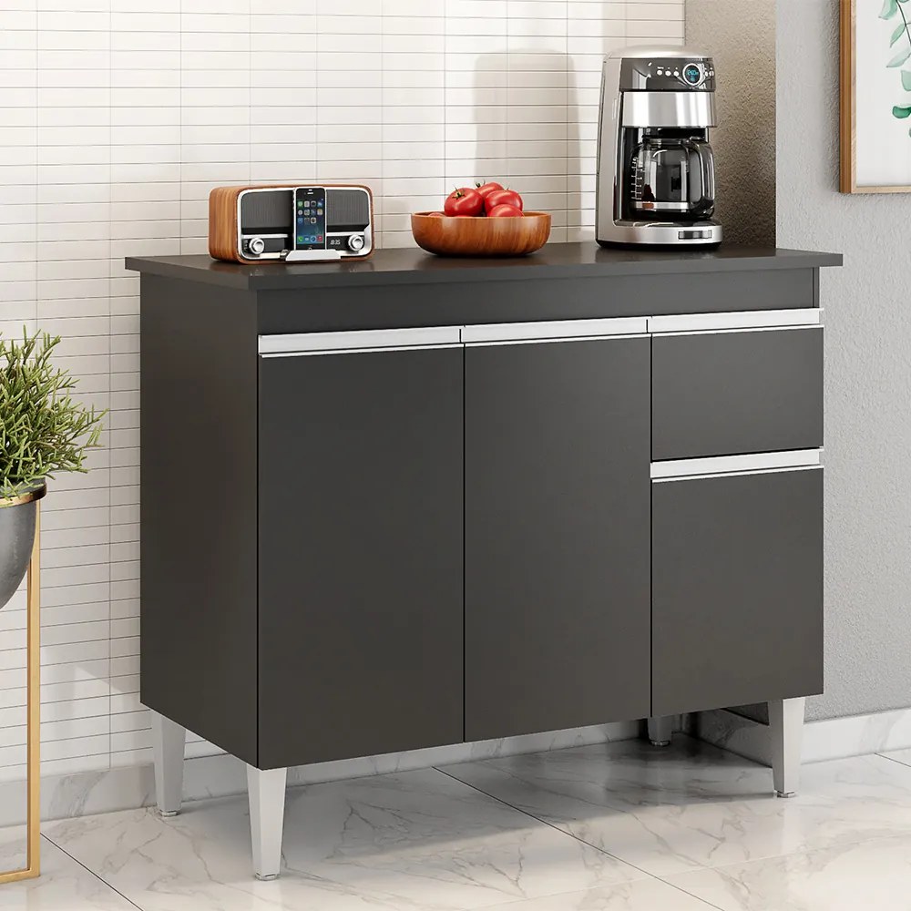 Balcão Cozinha com Tampo 100cm 3 Portas Taylla A01 - D'Rossi - Preto