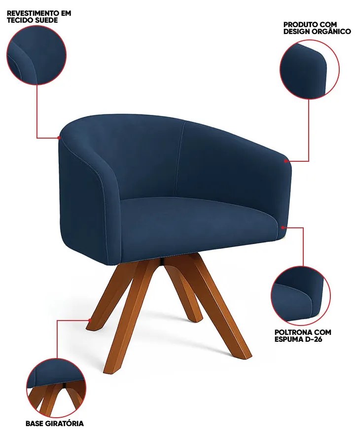 Poltrona Sala Base Giratória Madeira Arielle Suede Azul Marinho D03 - D'Rossi