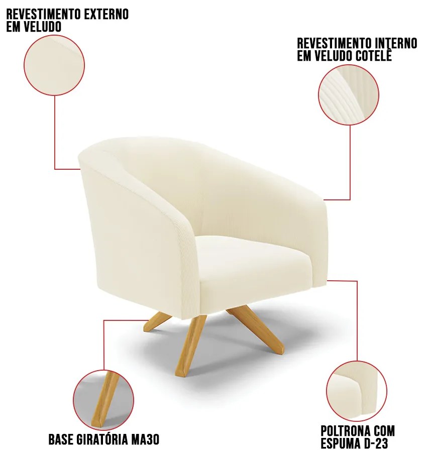Poltrona Decorativa Giratória MA30 Stella Cotelê Int/Veludo D03 - D'Rossi - Off White