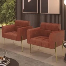 Poltrona Sala Pé Metal Dourado Kit 2 Ana Sintético PU Nozes - Ibiza