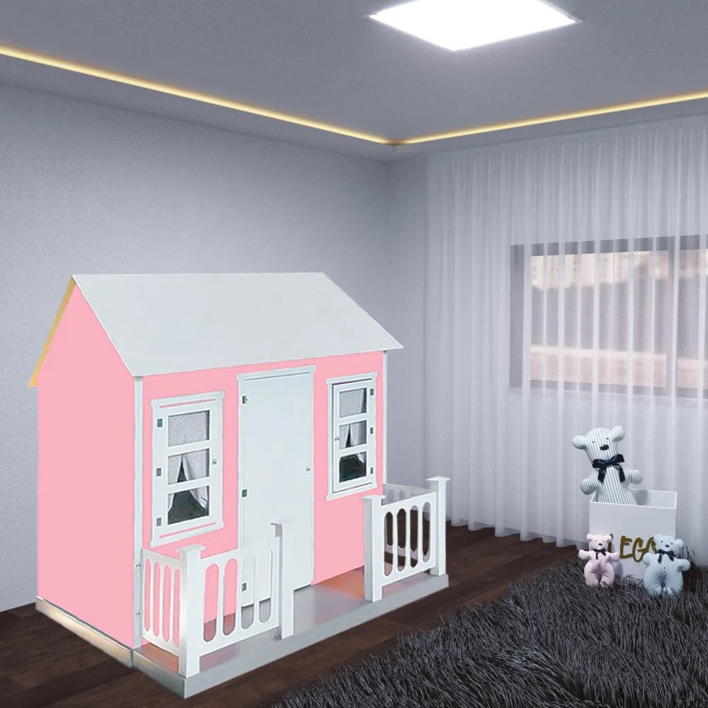 Casinha de Brinquedo com Cercado e Cortinas Rosa/Branco L12 - Gran Belo