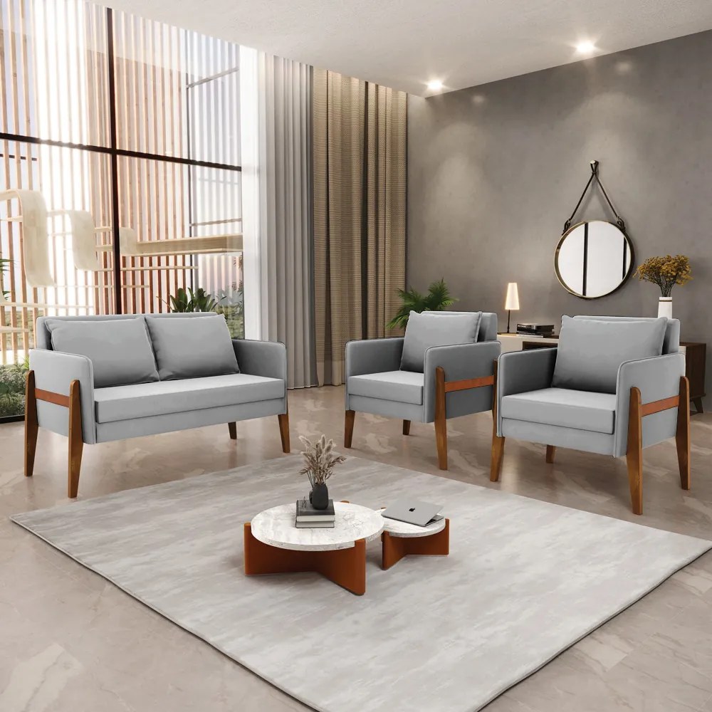 Kit 1 Sofá Namoradeira e 2 Poltronas Lana Suede Cinza Base de Madeira - D'Rossi