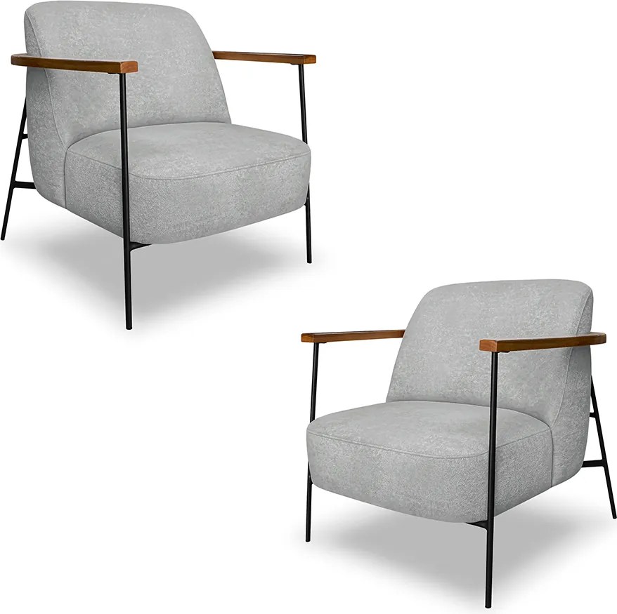 Kit 2 Poltronas Sala de Estar Pés em Ferro Preto Braço Madeira Maciça 86cm Thane Bouclê Cinza G63 - Gran Belo