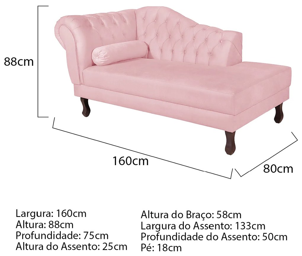 Recamier Diana 160cm Lado Direito Suede Rosa Bebê - ADJ Decor