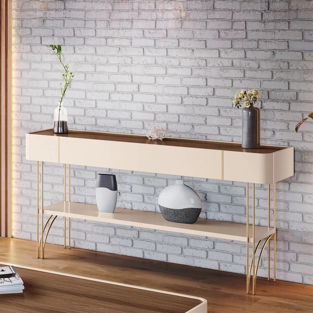 Aparador Decorativo Vivant MDP/MDF Pés de Aço Off White/Castanho G26 - HB Móveis