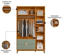 Guarda Roupa Solteiro 3 Portas 2 Gavetas 120cm Ipê Cinamomo/Sálvia - A