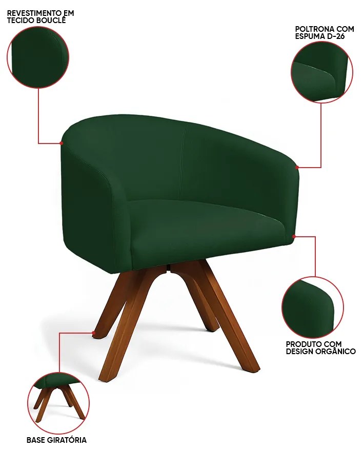 Poltrona Sala Base Giratória Madeira Arielle Bouclê Verde D03 - D'Rossi