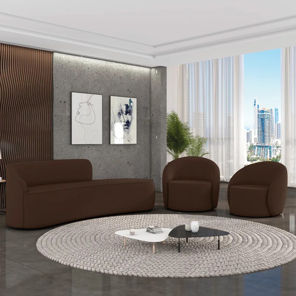 Sofá 4 Lugares Orgânico 220cm Morgan e 2 Poltronas Lua Suede D03 - D'Rossi - Marrom