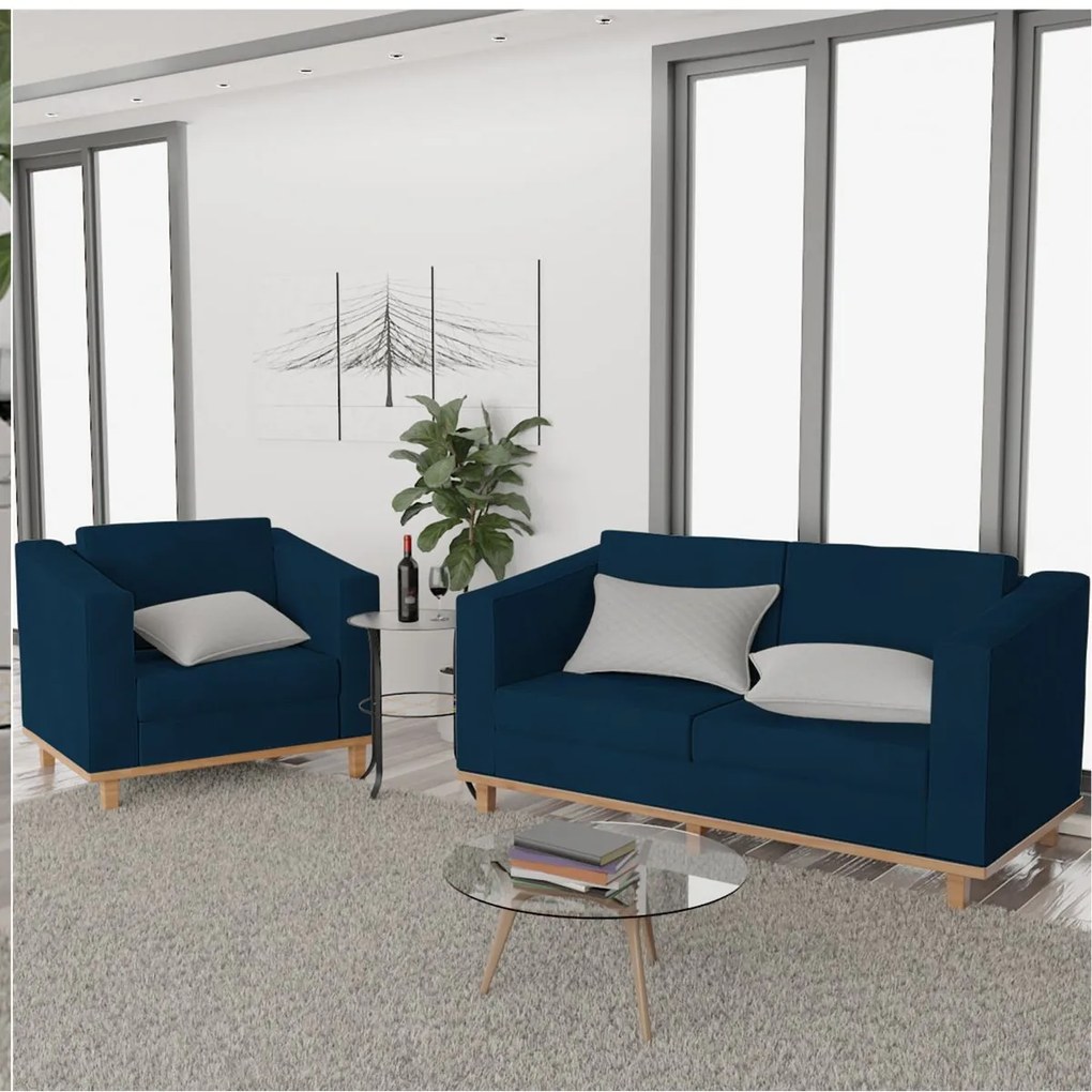 Kit Sofá 2 Lugares e Poltrona Europa Suede Azul Marinho ADJ Decor
