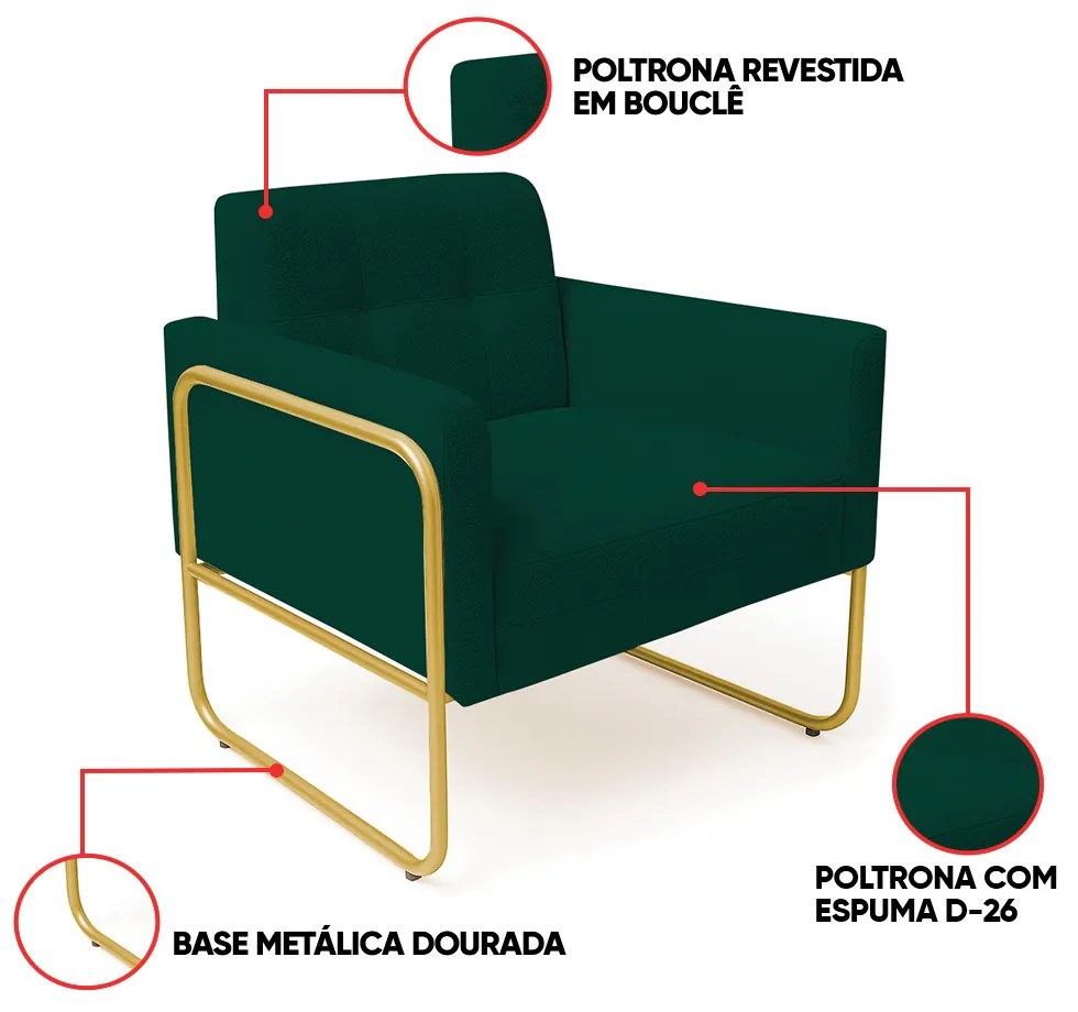 Poltrona Sala Industrial Alta Tubo Dourado Elisa Bouclê D03 - D'Rossi - Verde