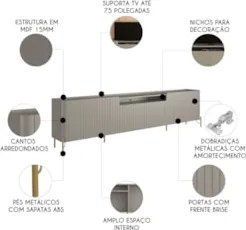 Rack TV 75 Pol 220cm 4 Portas Brise Blen Grigio/Dourado I06 - Mpozenat