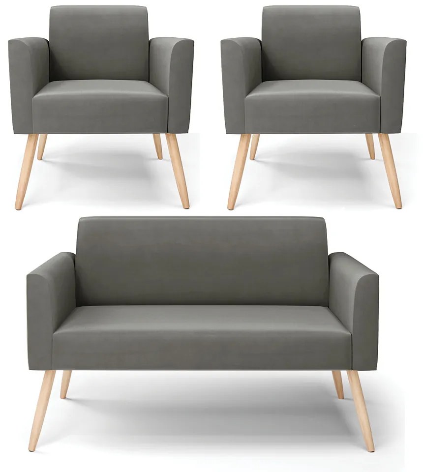 Sofá Namoradeira com 2 Poltronas Pés Palito Natural Marisa Suede Grafite D03 - D'Rossi