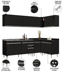 Armário de Cozinha Modulado de Canto 6 Peças CP33 com Pia Inox Preto -