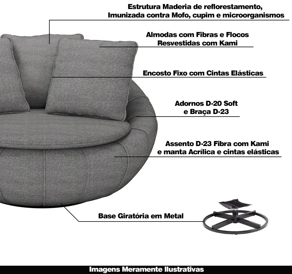 Kit 2 Poltronas Decorativas Giratória Sala de Estar Afrodite Linho Cinza G45 - Gran Belo