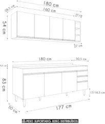 Armário Cozinha e Balcão Com Tampo 180cm Dallas Cinza - Lumil
