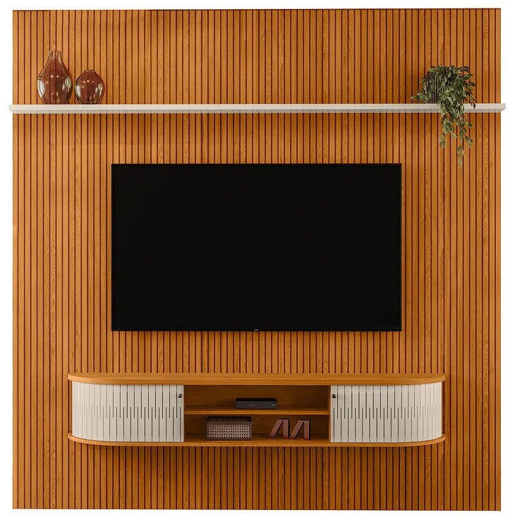 Painel TV 75 Pol 238cm Kalven e Bancada Suspensa Aurenzo Cinamomo/Off White M20 - D'Rossi