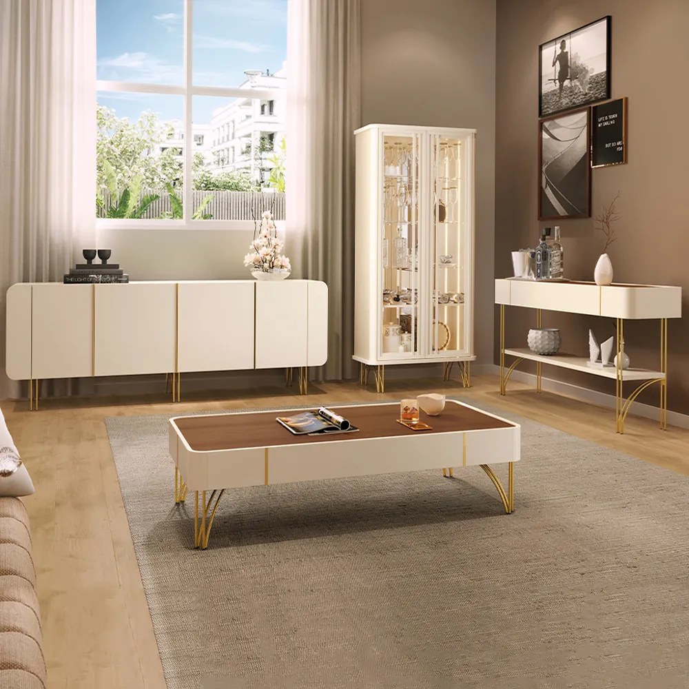 Conjunto 1 Cristaleira 1 Buffet 1 Mesa de Centro e 1 Aparador Texas/Virginia/Rennes Off White/Castanho G26 - Gran Belo