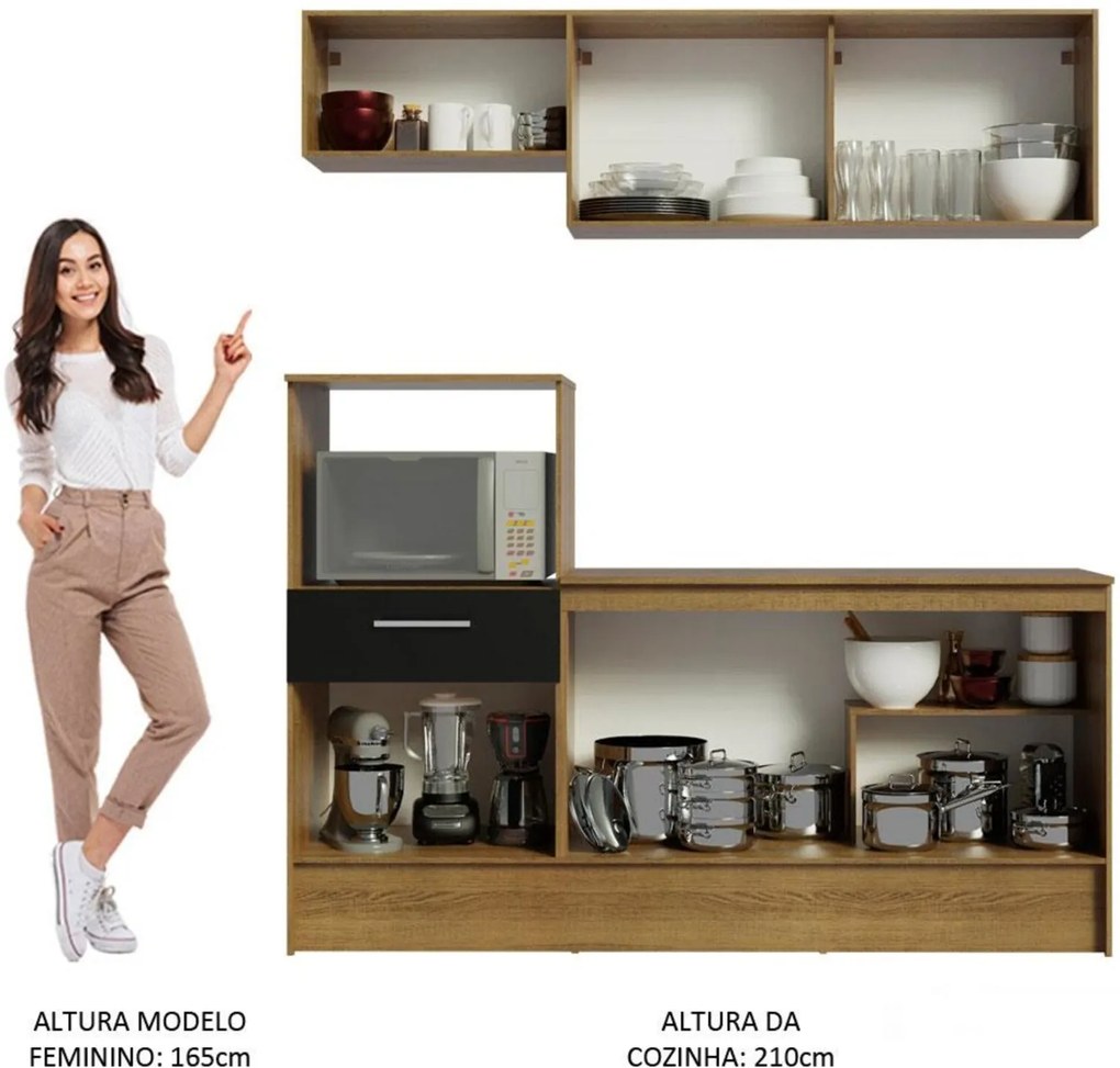 Cozinha Compacta Madesa Onix 180001 com Armário e Balcão - Rustic/Preto Marrom