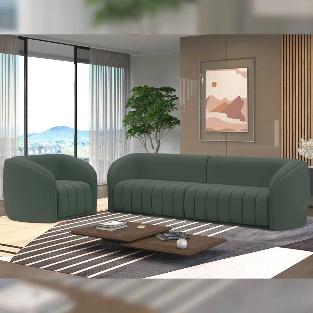 Conjunto Sala de Estar Sofá 252cm 3 Lugares e Poltrona Adam Veludo Cinza G45 - Gran Belo