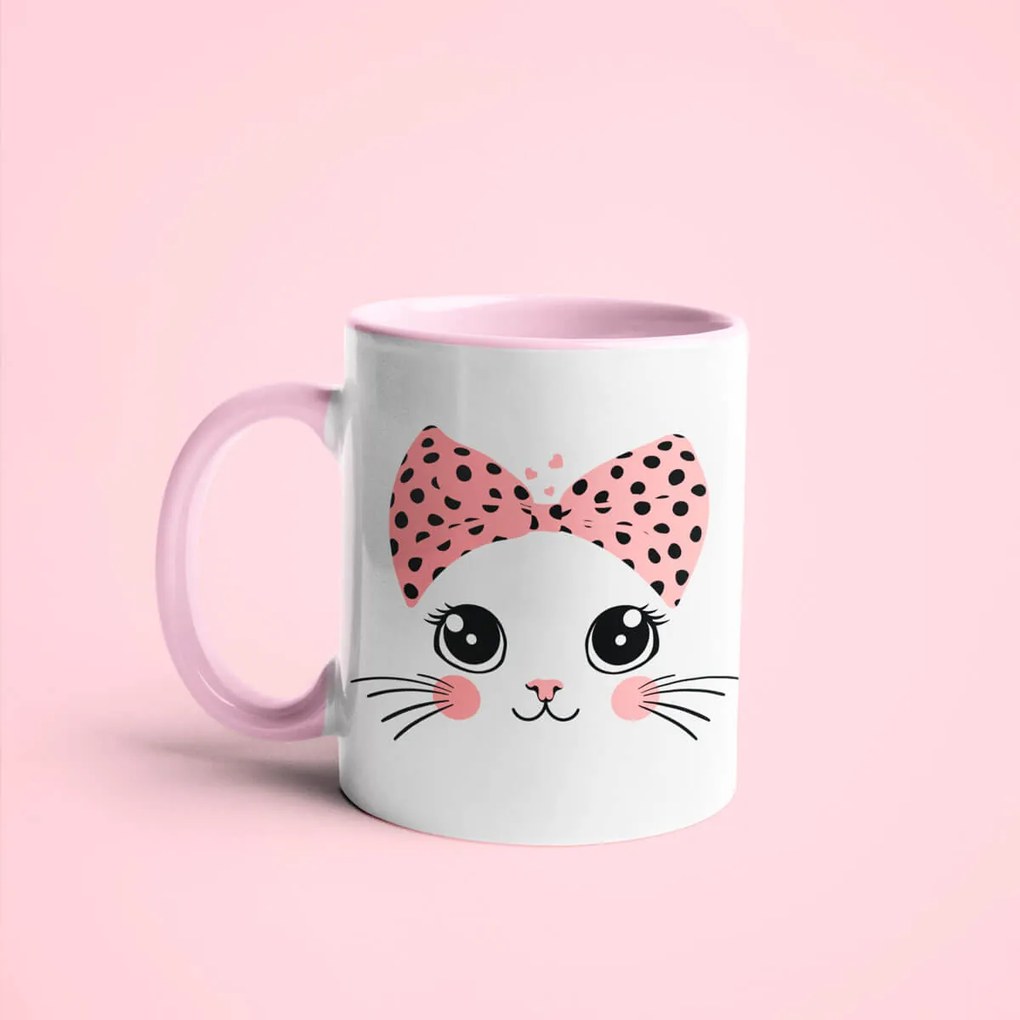 Caneca Gatinha Miau Geek Nerd Branca com Alça Rosa Claro