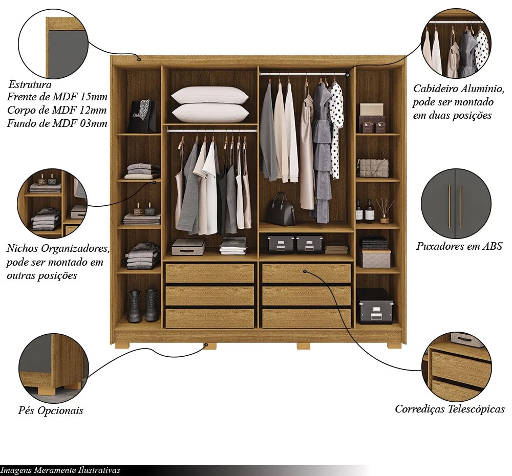 Guarda Roupa Casal Madesa 6 Portas Bater 6 Gavetas com Cabideiros Ajustáveis MDF Nature/Chumbo G98 Gran Belo