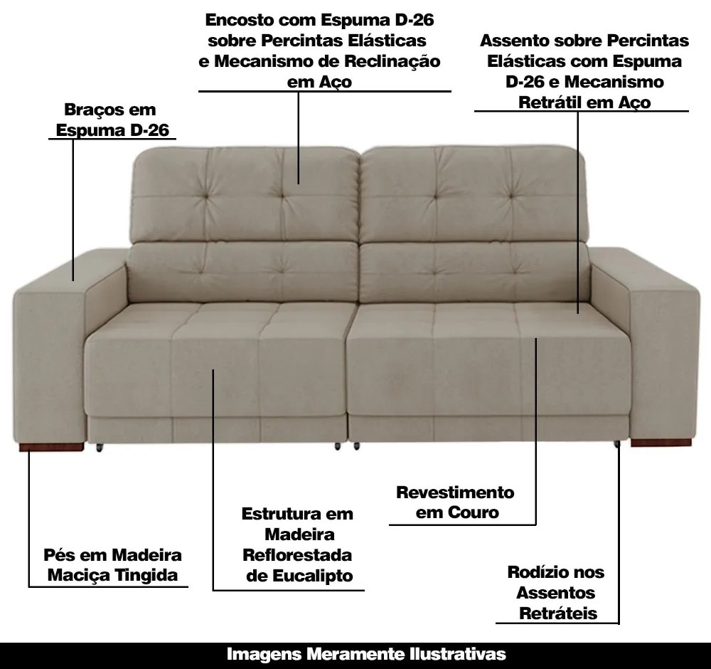 Sofá Sala de Estar Retrátil e Reclinável 3 Lugares Lisboa 210cm Couro Off White G58 - Gran Belo