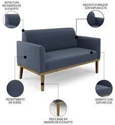 Sofá Namoradeira Base Madeira Castanho Maressa Suede Azul Marinho - Ib