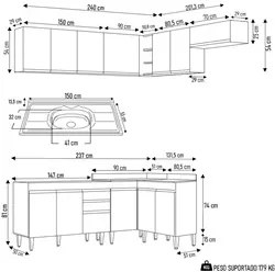 Armário de Cozinha Modulado de Canto 7 Peças CP24 com Pia Inox Castanh