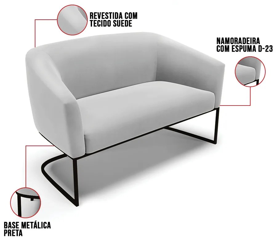 Sofá 2 Lugares Namoradeira Industrial Preto Stella Suede Cinza D03 - D'Rossi