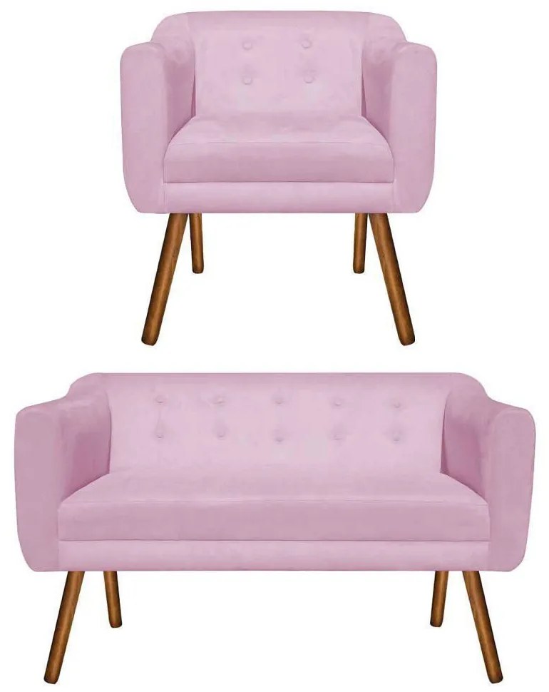 Kit 01 Namoradeira 02 Lugares e 01 Poltrona Julia Suede Rosa Bebê Pés Palito Castanho D'Rossi