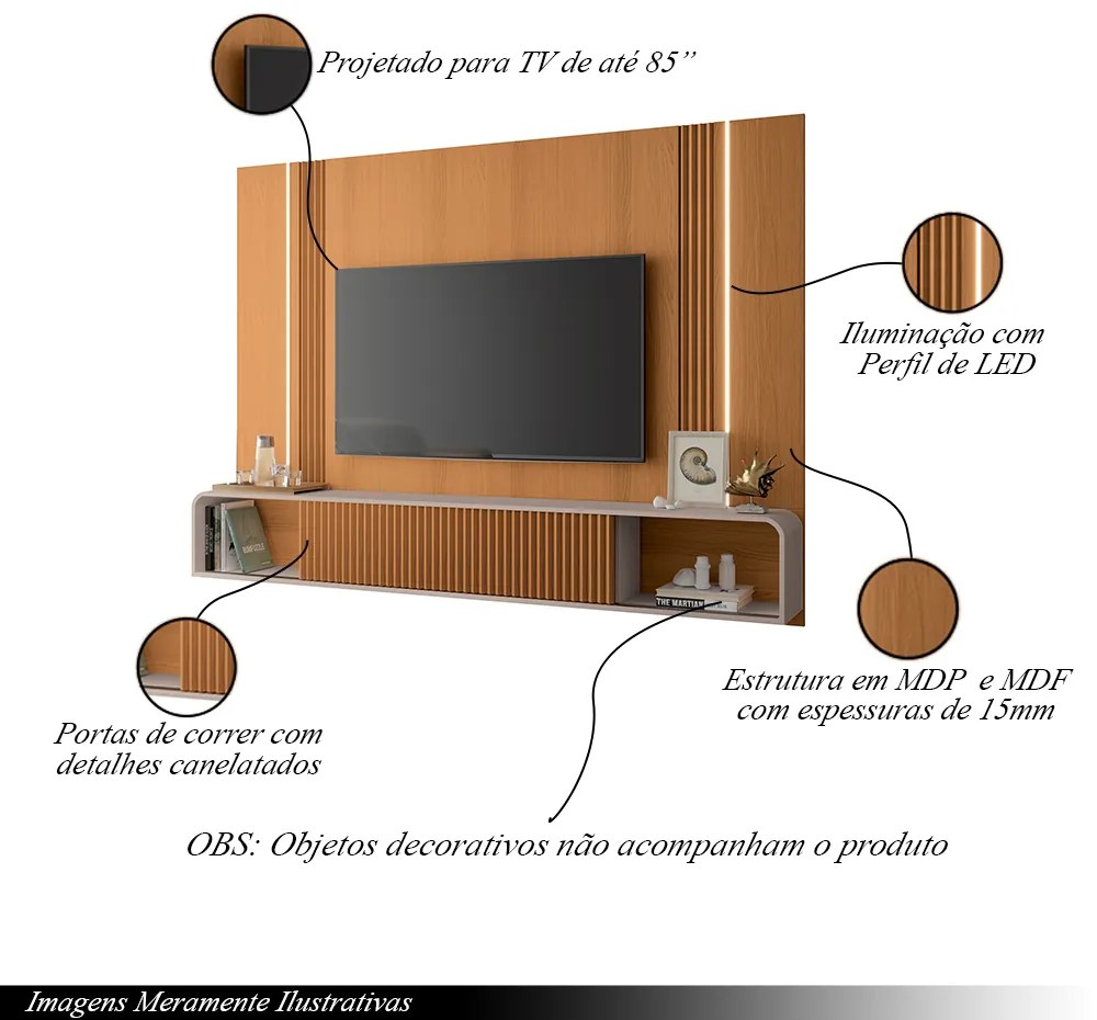 Conjunto Home c/LED, Aparador e Mesa de Centro Rennes MDF/MDP Cinamomo/Off White G26 - Gran Belo