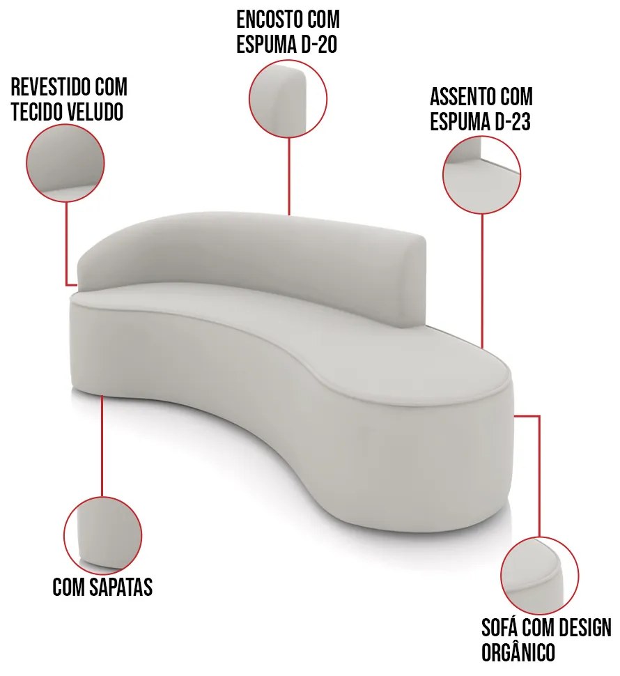Sofá 4 Lugares Orgânico 220cm Morgan e 2 Poltronas Lua Veludo D03 - D'Rossi - Cinza