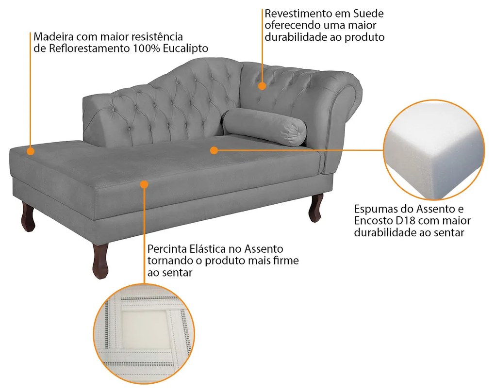 Recamier Diana 140cm Lado Esquerdo Suede Cinza - ADJ Decor