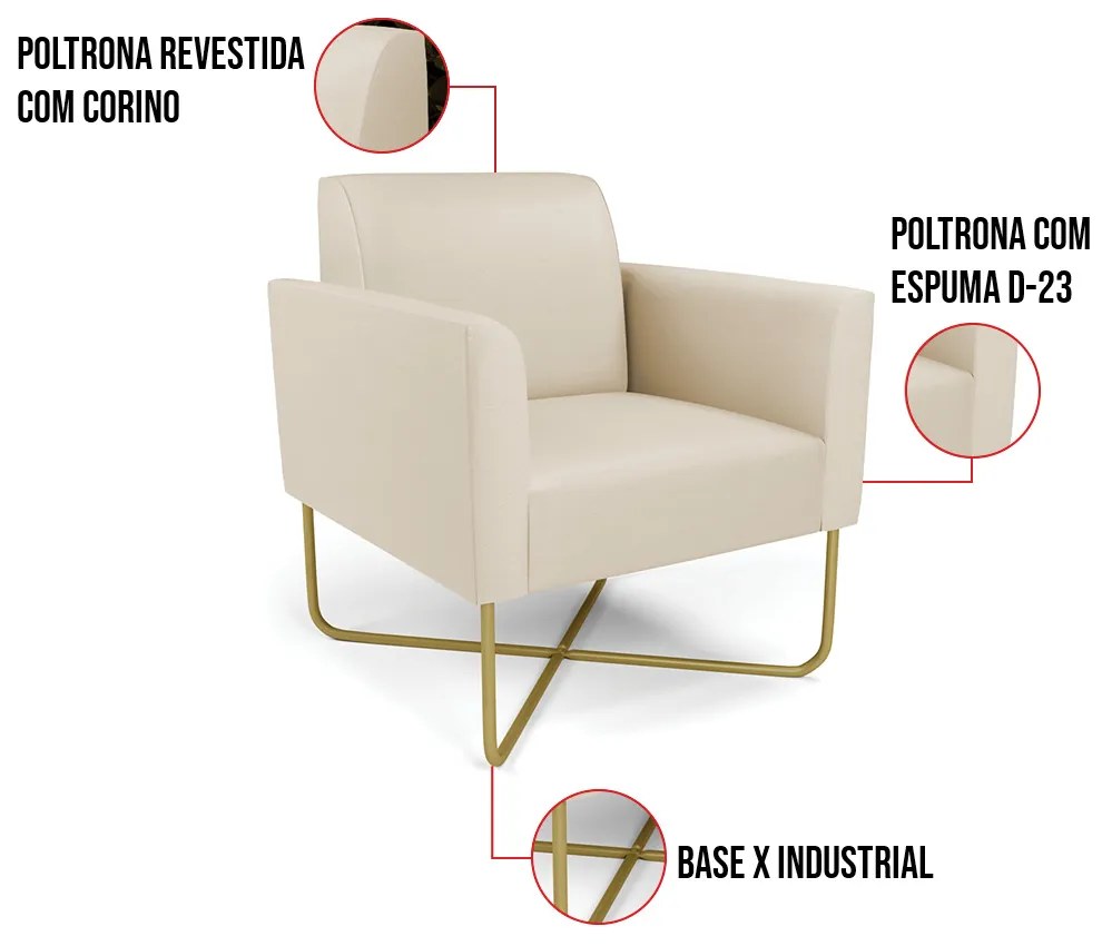 Kit 2 Poltronas Base X Industrial Dourado Marisa Corino - Bege