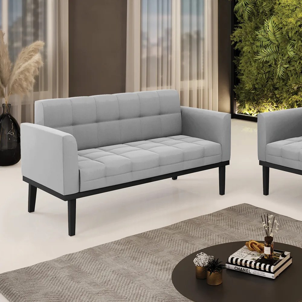 Poltrona Namoradeira Decorativa Karen Pés Fixo em Madeira Preto Suede Cinza G19 - Gran Belo
