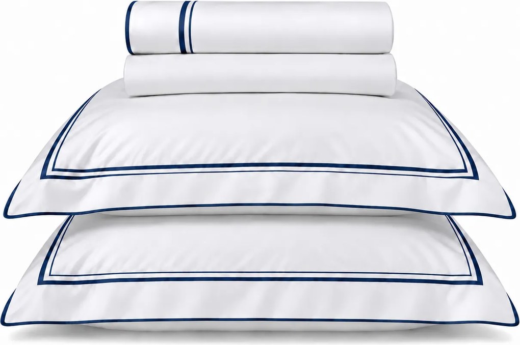 Jogo de Cama Literie Percal 200 Fios Alba Branco e Marinho - Queen Queen