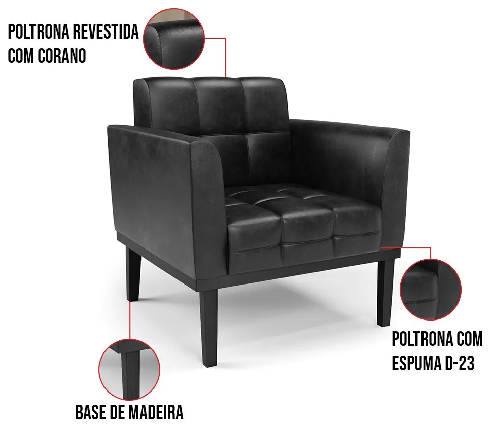 Poltrona Base de Madeira Fixa Preto Kit 2 Elisa Corano Preto D03 - D'Rossi