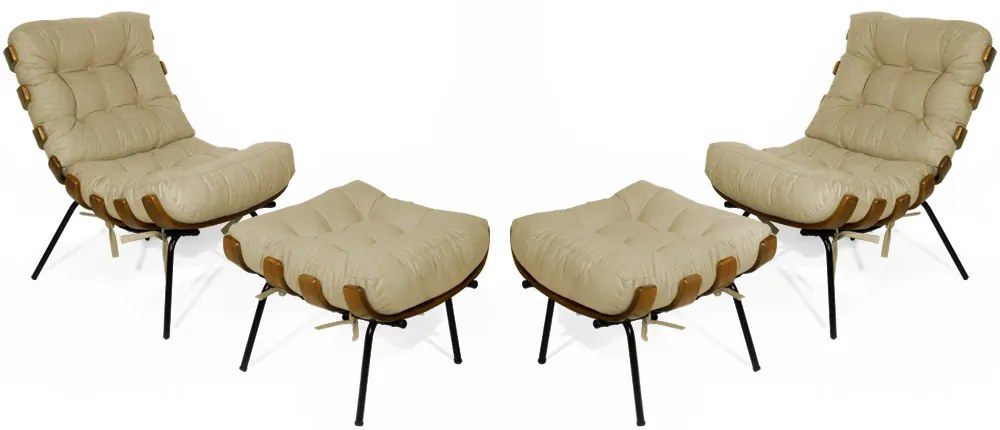 Kit 2 Poltronas Costela Com 2 Puff Costela Suede Nude