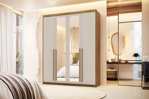 Guarda Roupa Com Espelho Dubai 4 Portas Nature/Fendi - Vila Rica Móveis