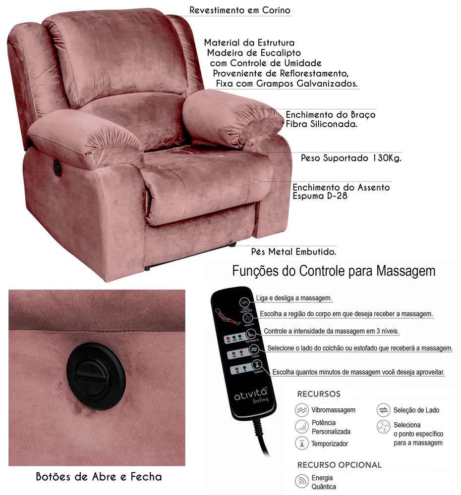Poltrona do Papai Reclinável Elétrica com Massagem Magnum Veludo Rosê G23 - Gran Belo