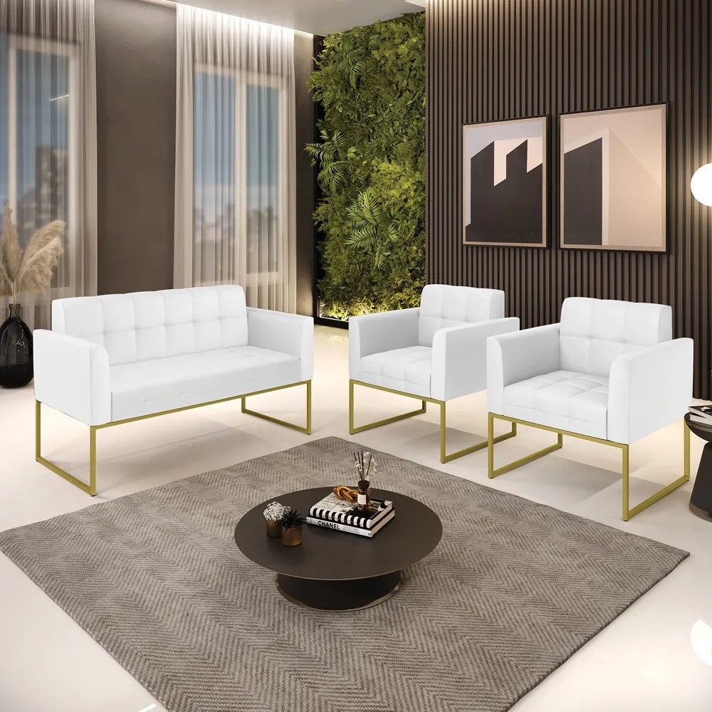 Kit 1 Sofá Namoradeira e 2 Poltronas Elisa Corino Branco Base Metálica Industrial Dourado - D'Rossi