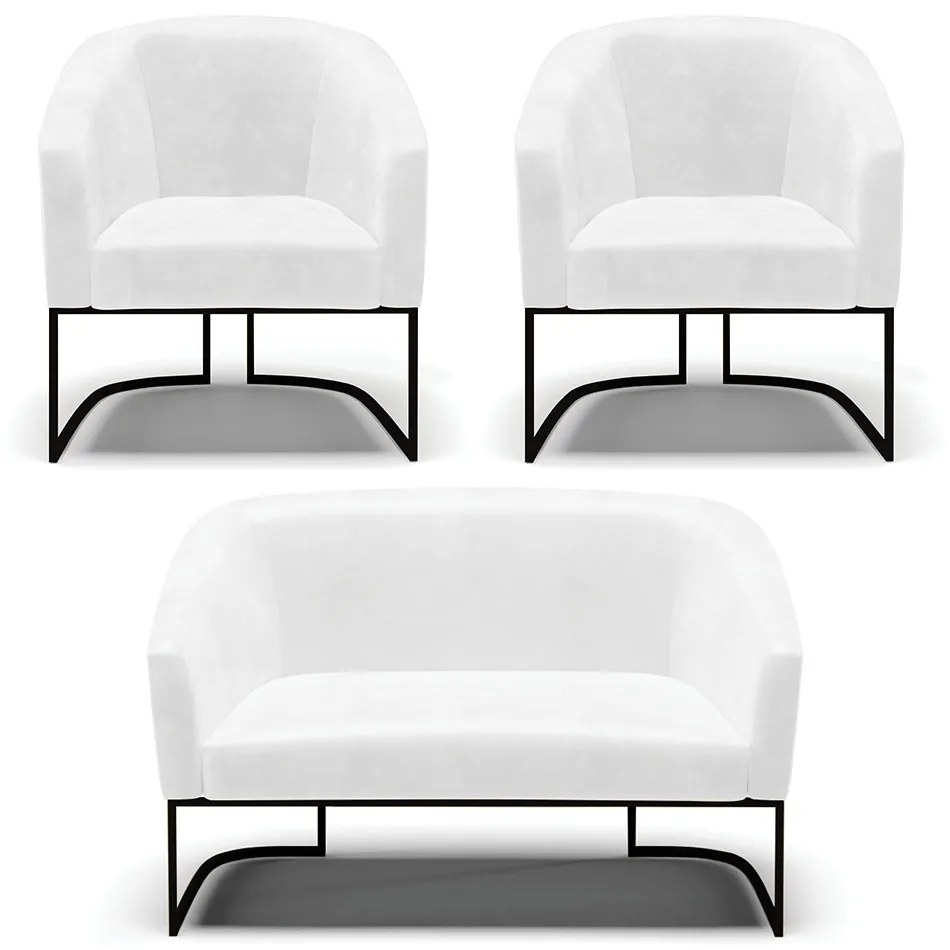 Namoradeira e 2 Poltronas Industrial  Preto Stella Sintético PU D03 - D'Rossi - Branco