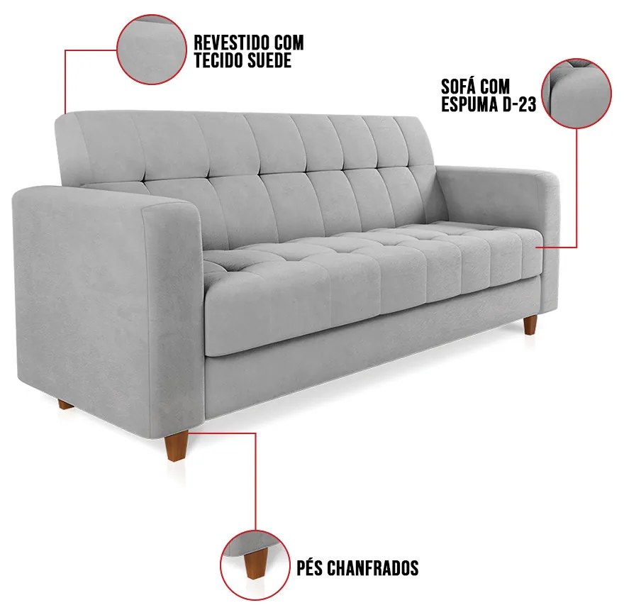 Sofá 03 Lugares Arezzo Suede Pés Chanfrado Castanho D01 - D'Rossi - Cinza