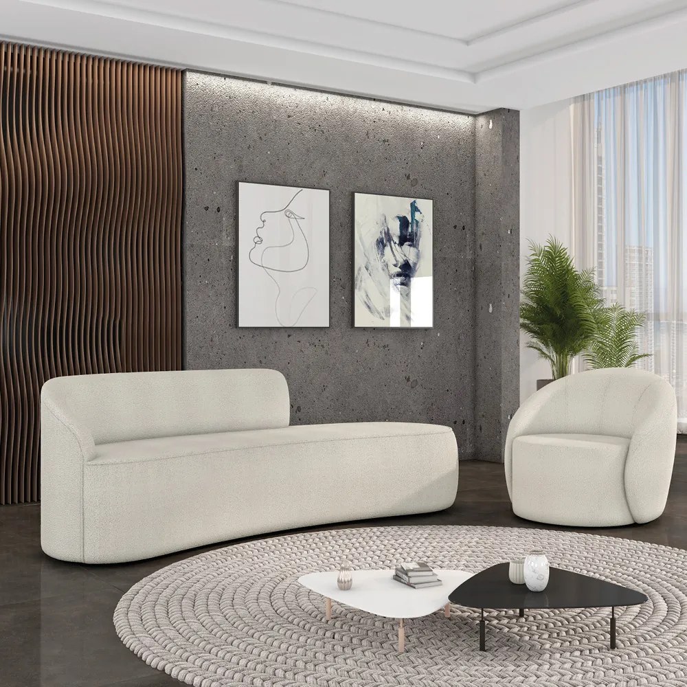 Sofá 4 Lugares Orgânico 220cm Morgan e Poltrona Lua Bouclê D03 - D'Rossi - Off White