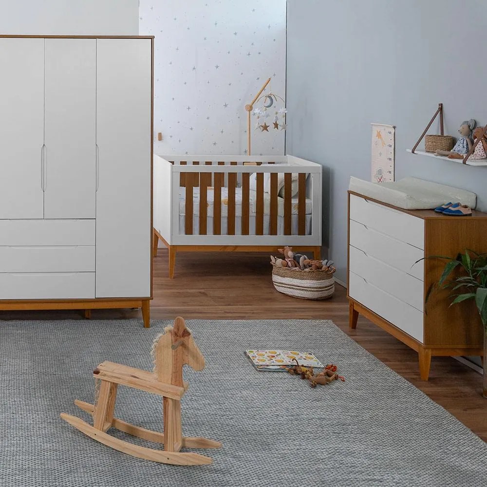 Kit Quarto Infantil com Pés Square Mel  - Cômoda Elfe 4 Gavetas + Guarda-Roupa Elfe + Berço Mini Cama Noah - Branco e Savana