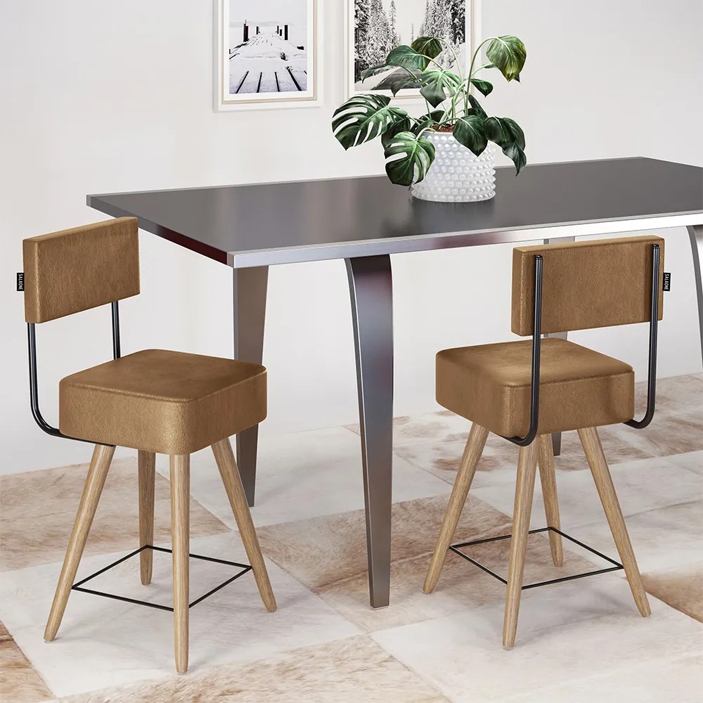 Banqueta Baixa Cozinha 50cm Encosto Pé Madeira Kit 2 Barcelona Pu S02 - D'Rossi - Caramelo