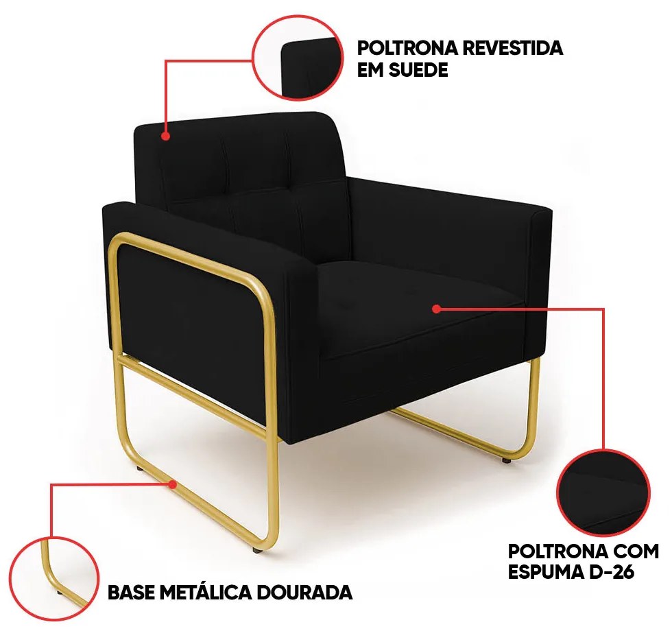 Poltrona Sala Industrial Alta Tubo Dourado Elisa Suede D03 - D'Rossi - Preto