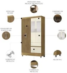 Guarda Roupa Solteiro 103cm Com Espelho Mayra Nature/Champanhe V02 - M