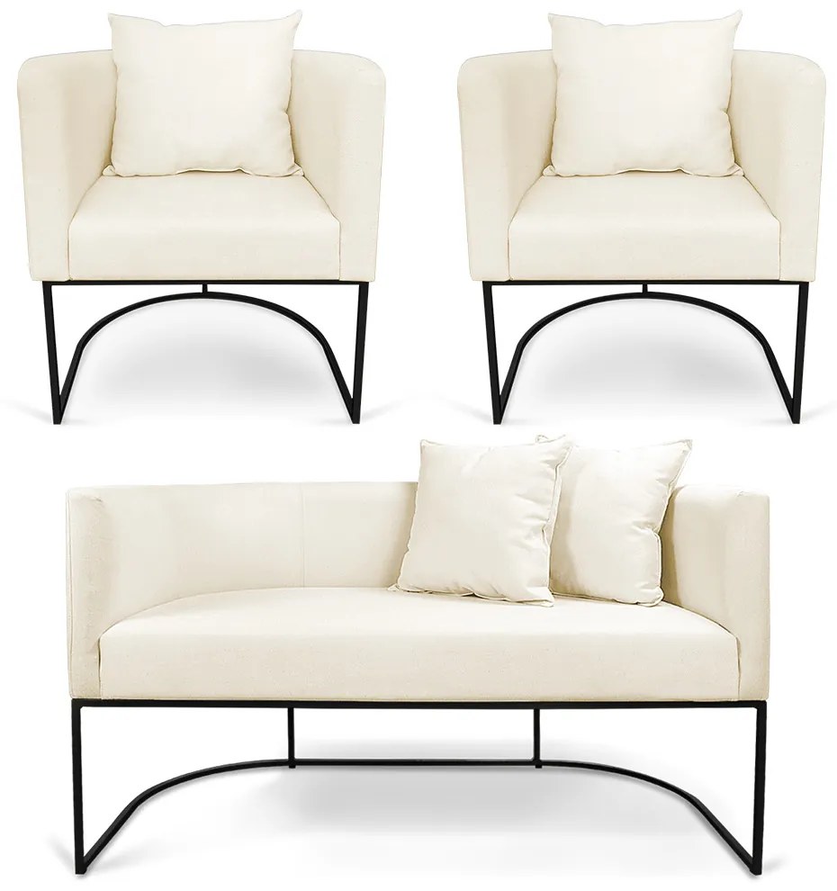 Kit 01 Namoradeira 02 Lugares e 02 Poltronas Paola Linho Base Metálica Preto D03 - D'Rossi - A19 Grosso Bege